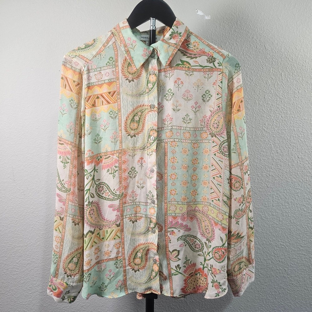 Rose + Olive Button Down‎ Shirt Womens Small Multicolor Paisley Patchwork Boho